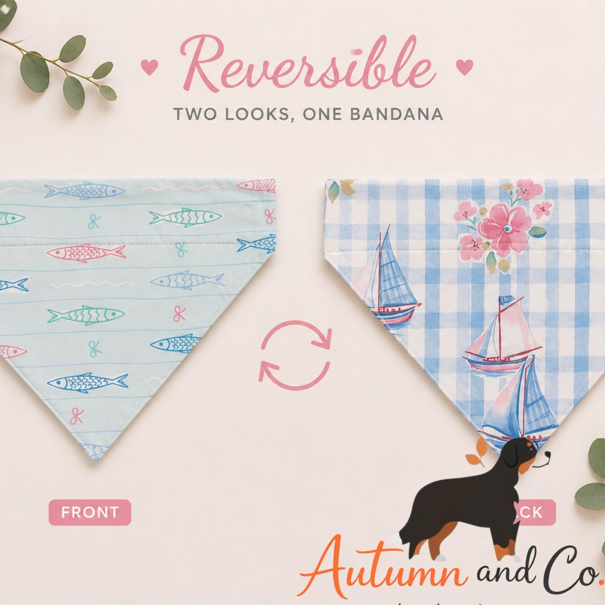 Harbor Blossom Dog Bandana Pattern, Over The Collar Reversible Polyester