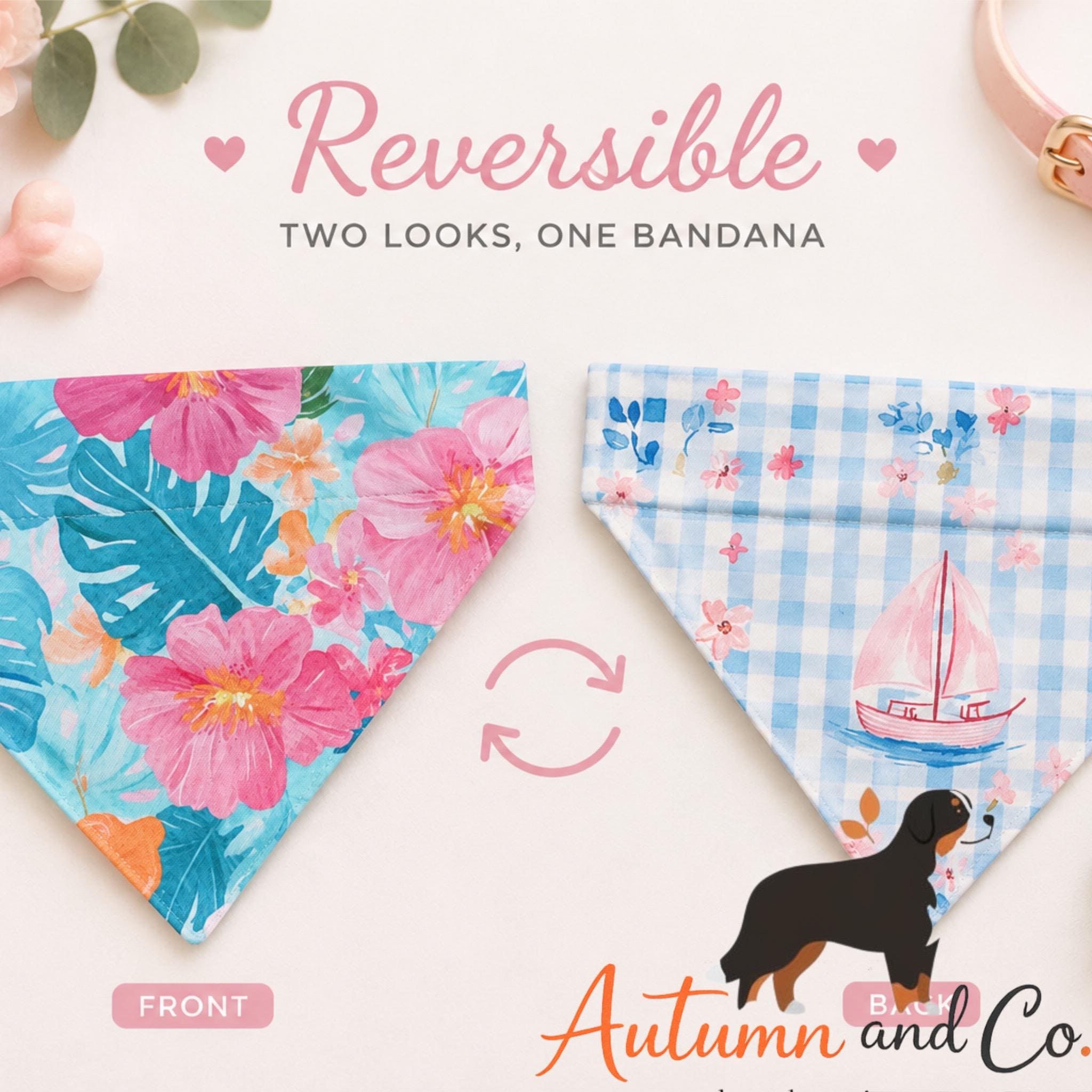 Coastal Blooms  Dog Bandana Pattern, Over The Collar Reversible Polyester