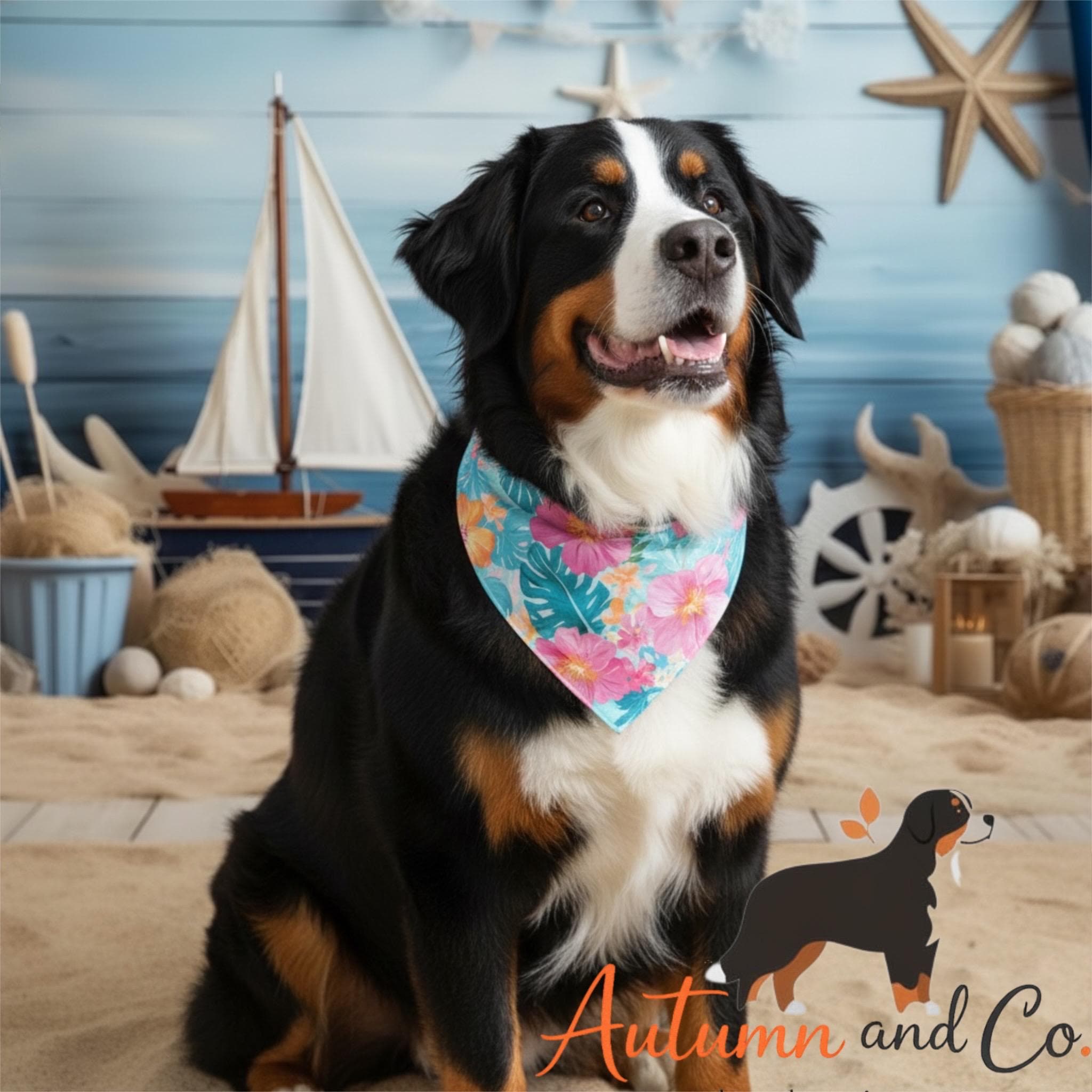 Coastal Blooms  Dog Bandana Pattern, Over The Collar Reversible Polyester