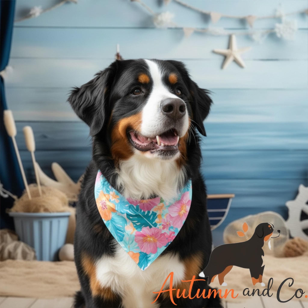 Coastal Blooms  Dog Bandana Pattern, Over The Collar Reversible Polyester
